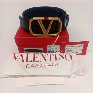 Valentino Garavani VLogo-Buckle Reversible Black/Navy Leather Belt - 85/34